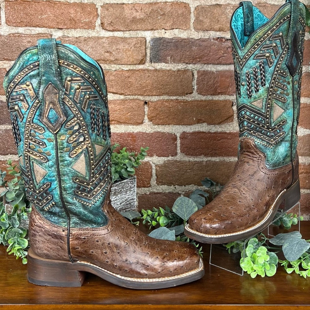 Corral Cowboy Boots.Teal/Brown Ostrich leather with embellishments.  Size 9 1/2.